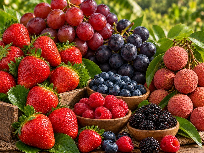 Fresas, uvas, moras y frutos rojos en exhibición