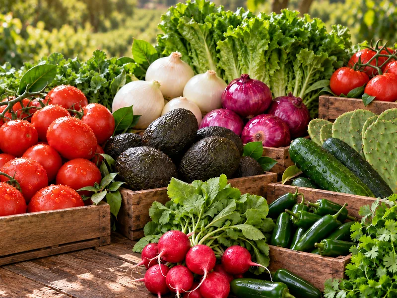Jitomate, aguacate, cebolla y verdura fresca en cajas listas para envío